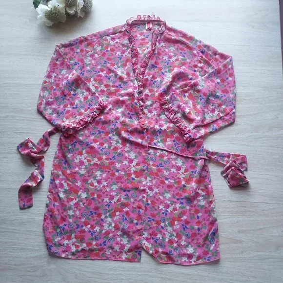 JOSIE Natori Chiffon Floral Ruffle Kimono Mini Robe Tie-Waist Pink Women Small - Picture 5 of 9
